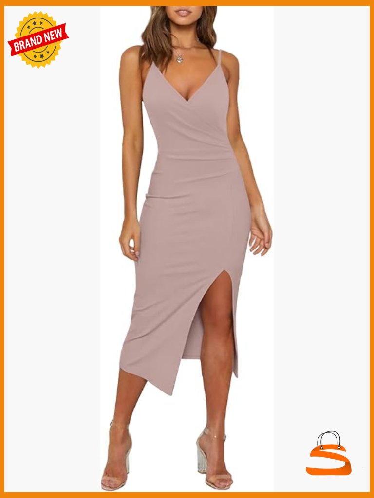 V Neck Spaghetti Strap Bodycon Ruched Side Slit Wrap Dress